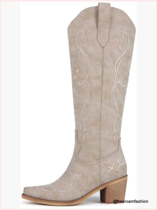 Shoes - Women's Cowgirl Knee High Western Floral Embroidered Pointed Toe Chunky Heel